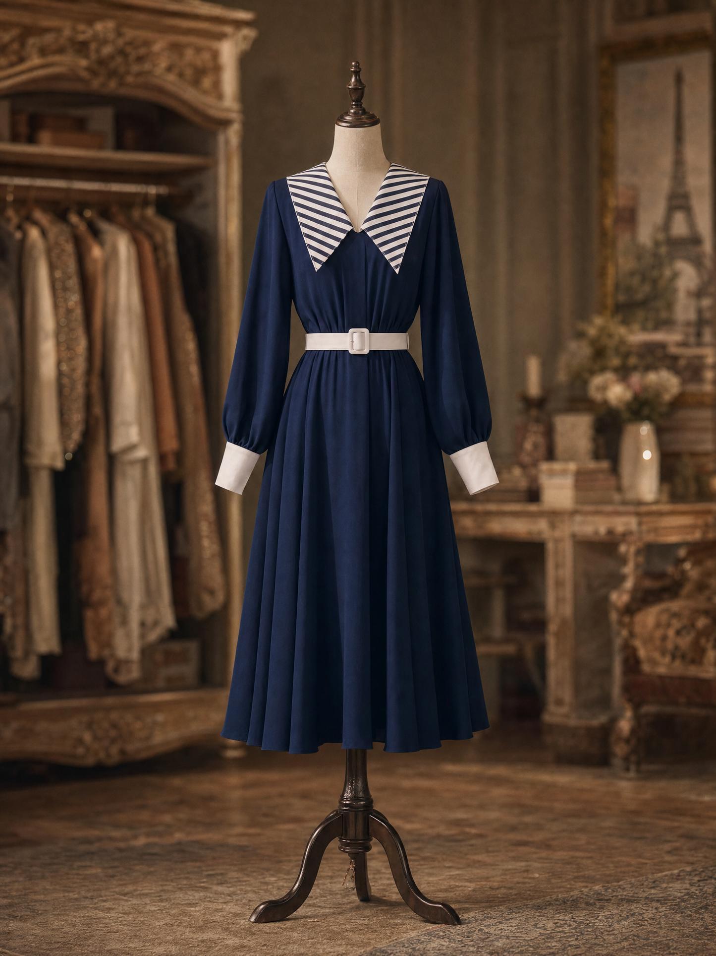 Vintage French Striped Sailor Collar Lantern Sleeve Belted A‑Line Midi Dress