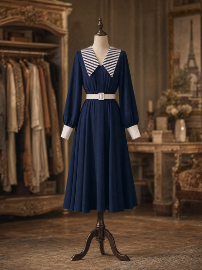 Vintage French Striped Sailor Collar Lantern Sleeve Belted A‑Line Midi Dress