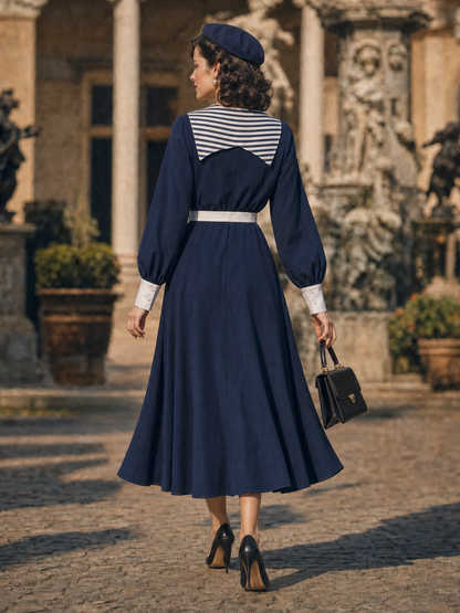 Vintage French Striped Sailor Collar Lantern Sleeve Belted A‑Line Midi Dress