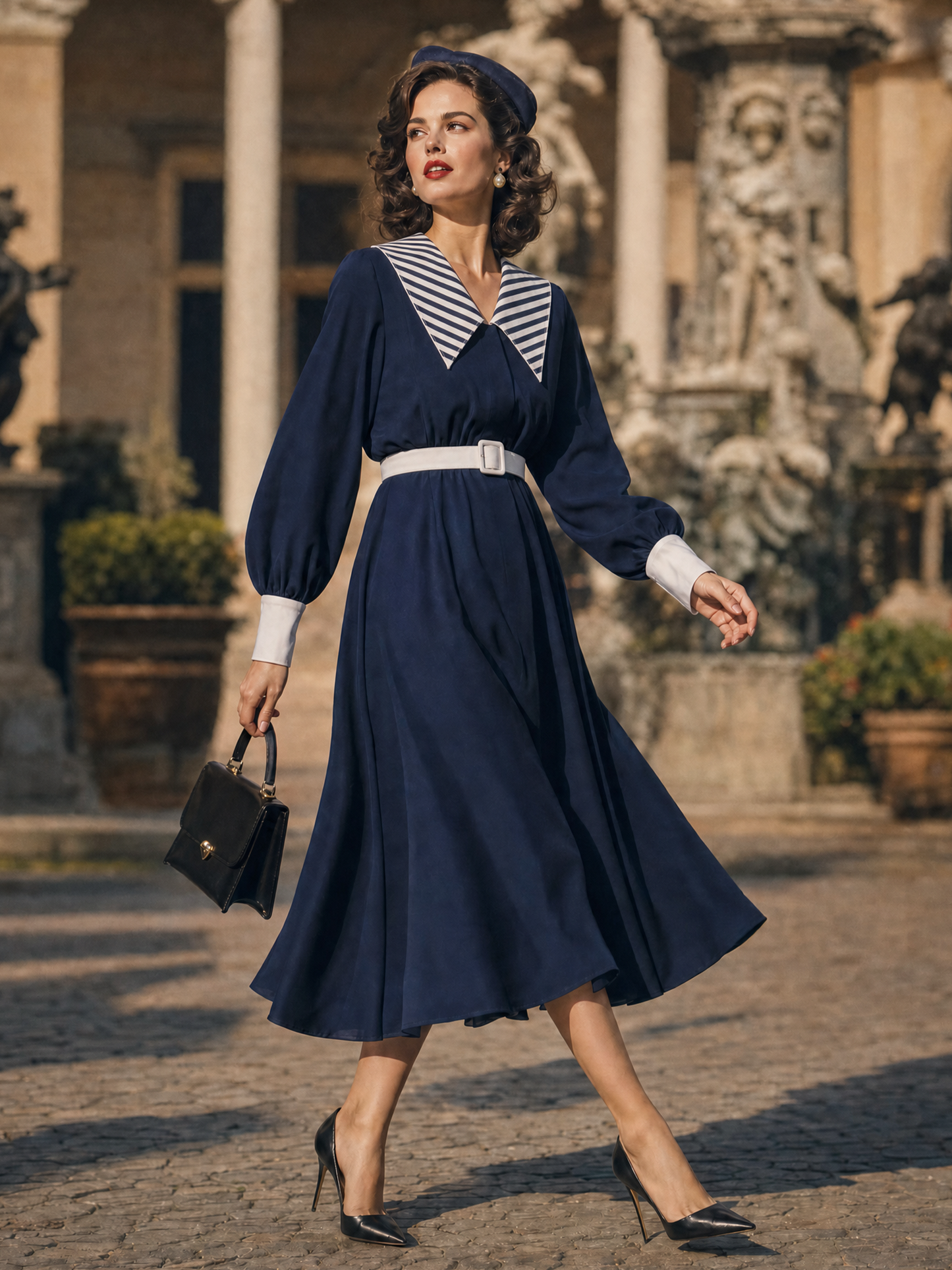 Vintage French Striped Sailor Collar Lantern Sleeve Belted A‑Line Midi Dress