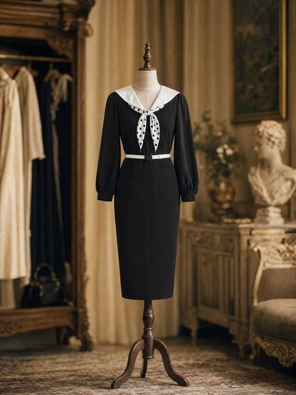 Vintage French Polka Dot Bow Sailor Collar Fitted Pencil Midi Dress