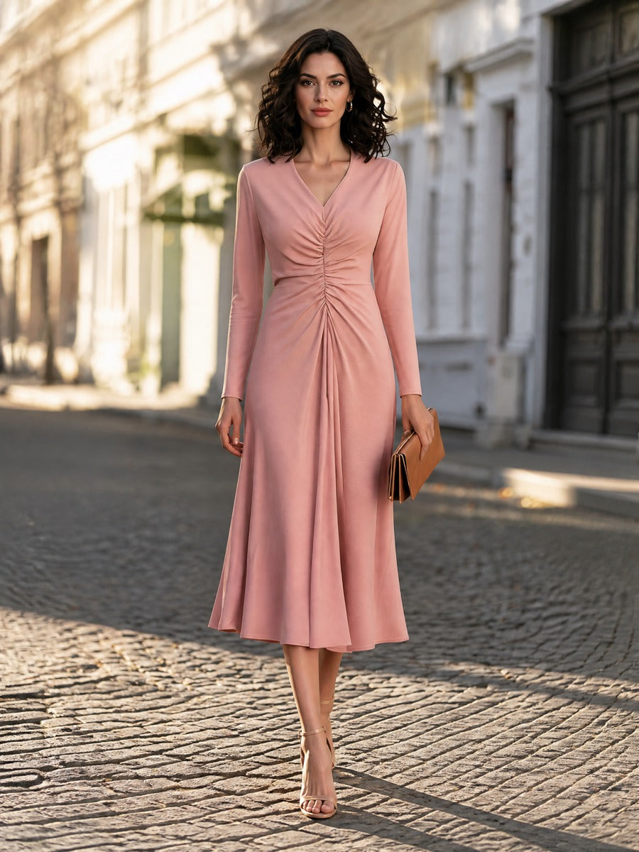 Ruched V-Neck Fit-And-Flare Midi Dress