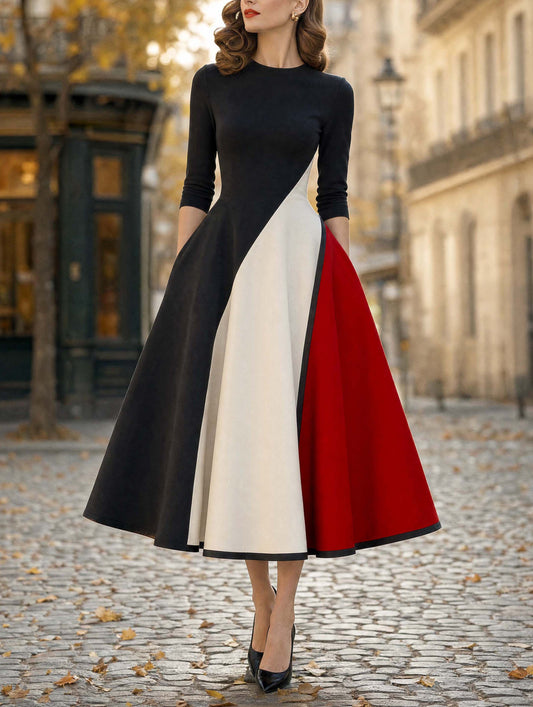 Vintage Tricolor Geometric Midi Dress