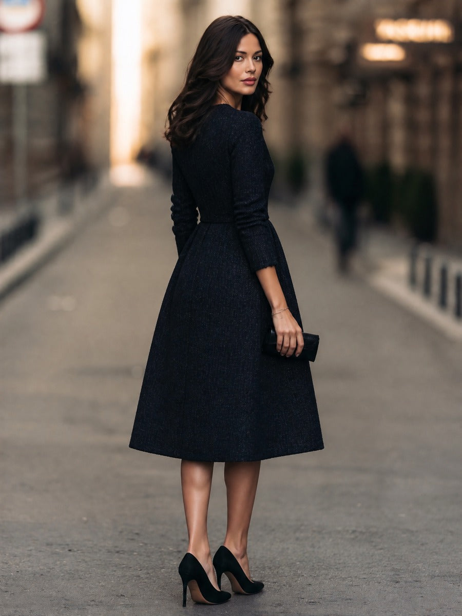 Round-Neck Pleated Waist Textured Tweed A-Line Midi Dress