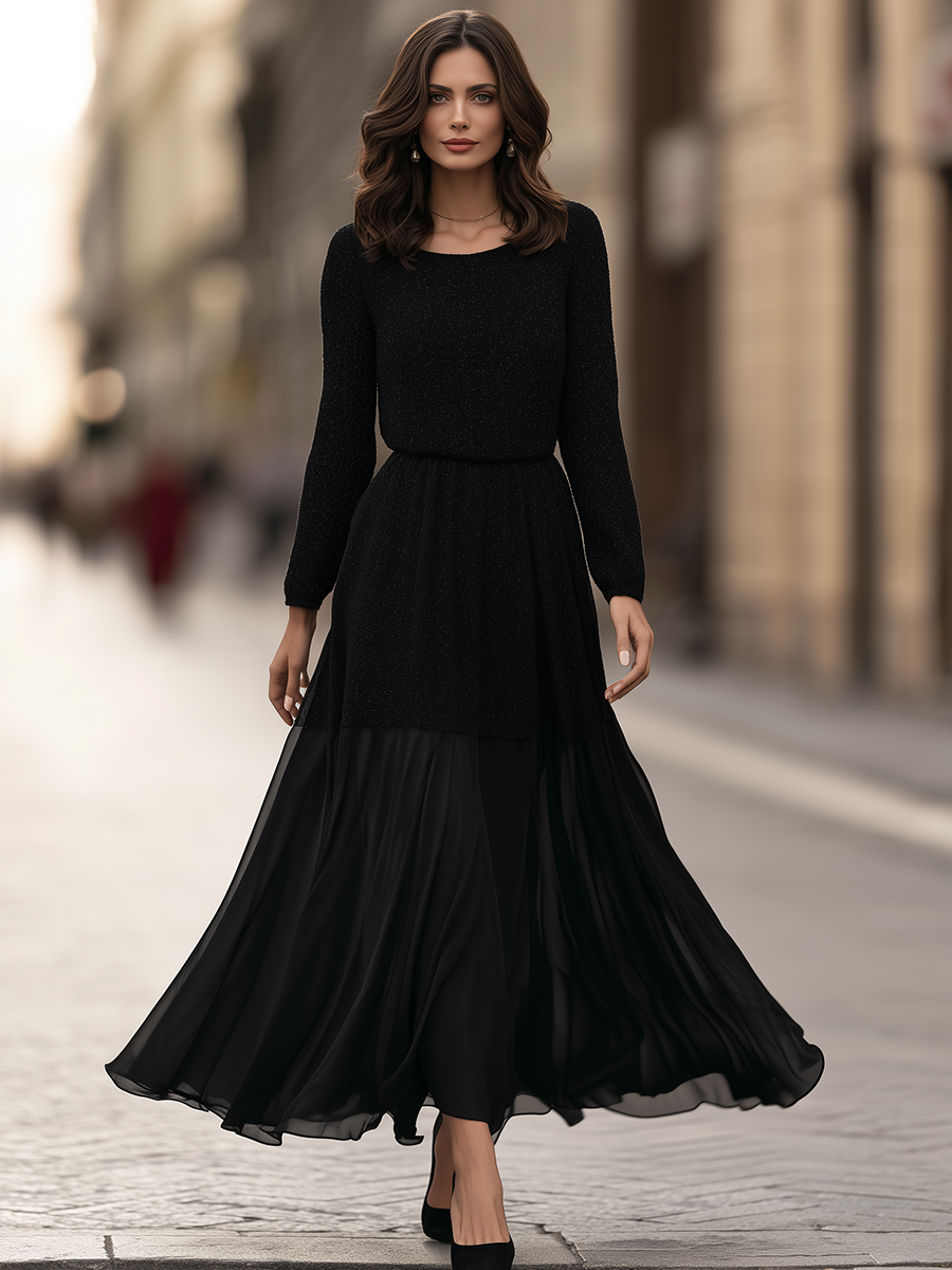 Round-Neck Blouson Waist Textured Knit Chiffon Panel Flowing Maxi Dress