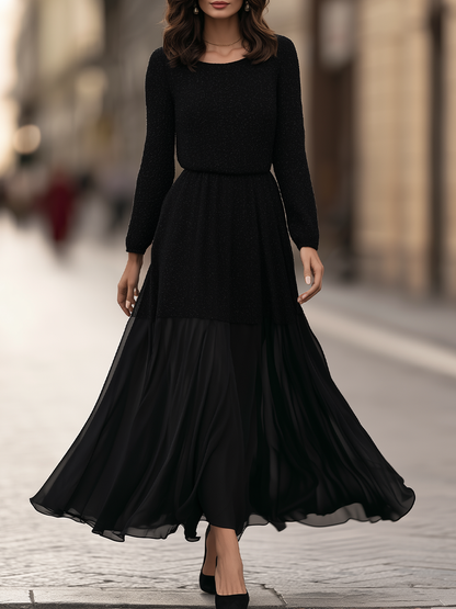 Round-Neck Blouson Waist Textured Knit Chiffon Panel Flowing Maxi Dress