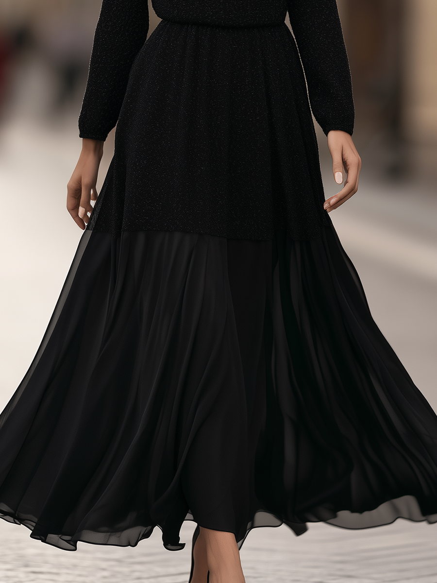 Round-Neck Blouson Waist Textured Knit Chiffon Panel Flowing Maxi Dress