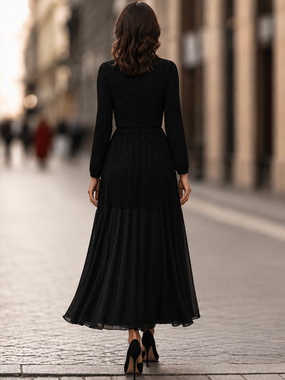 Round-Neck Blouson Waist Textured Knit Chiffon Panel Flowing Maxi Dress