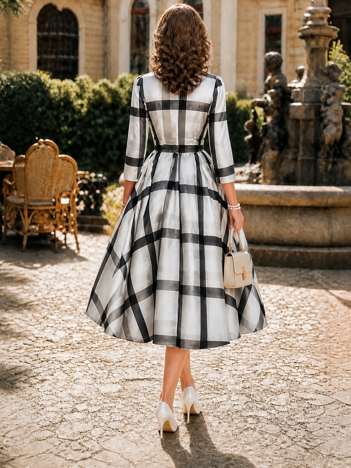 Vintage Black White Plaid Belted A-Line Midi Dress