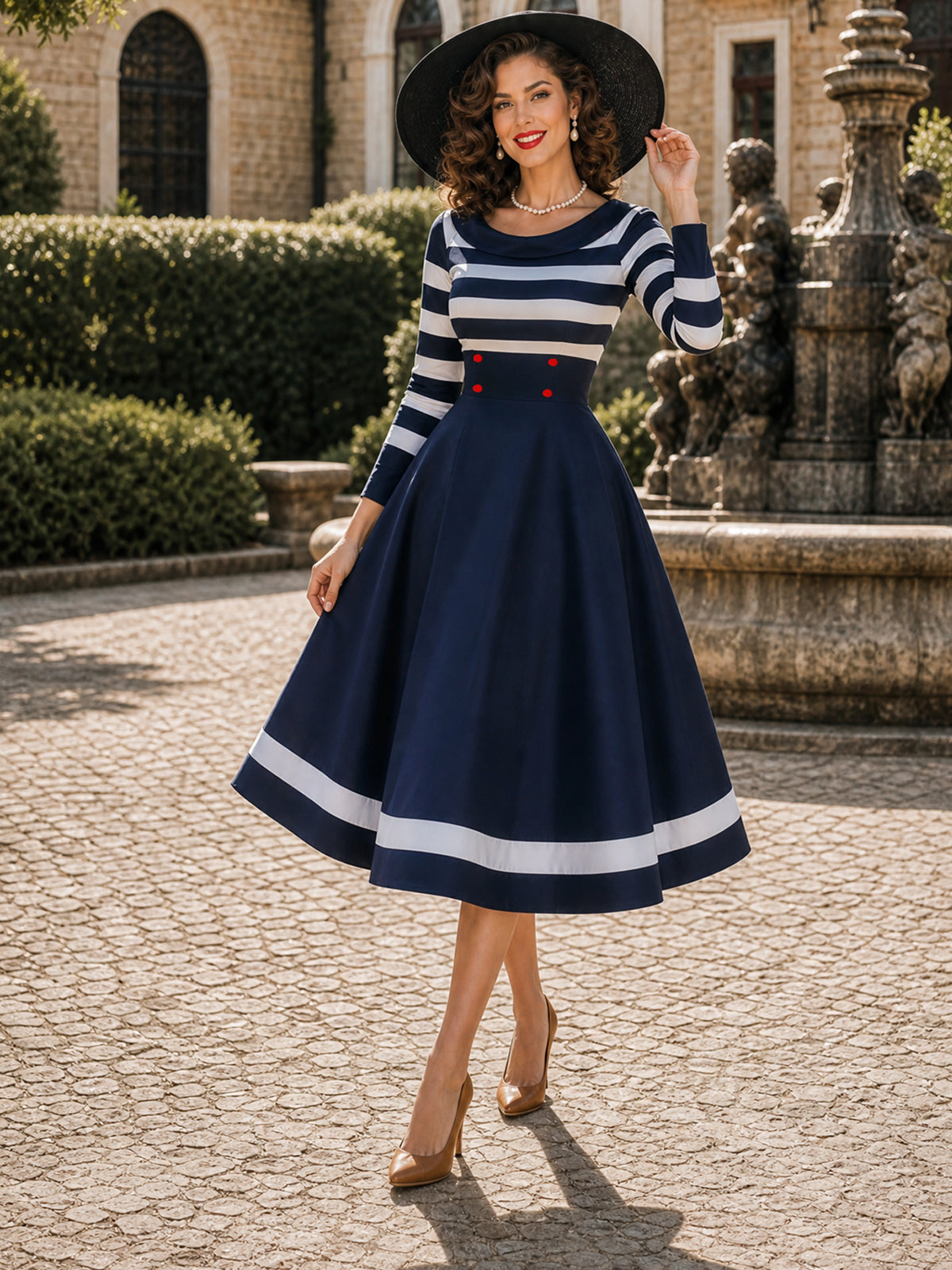 Vintage Navy Striped Boat-Neck A-Line Midi Dress