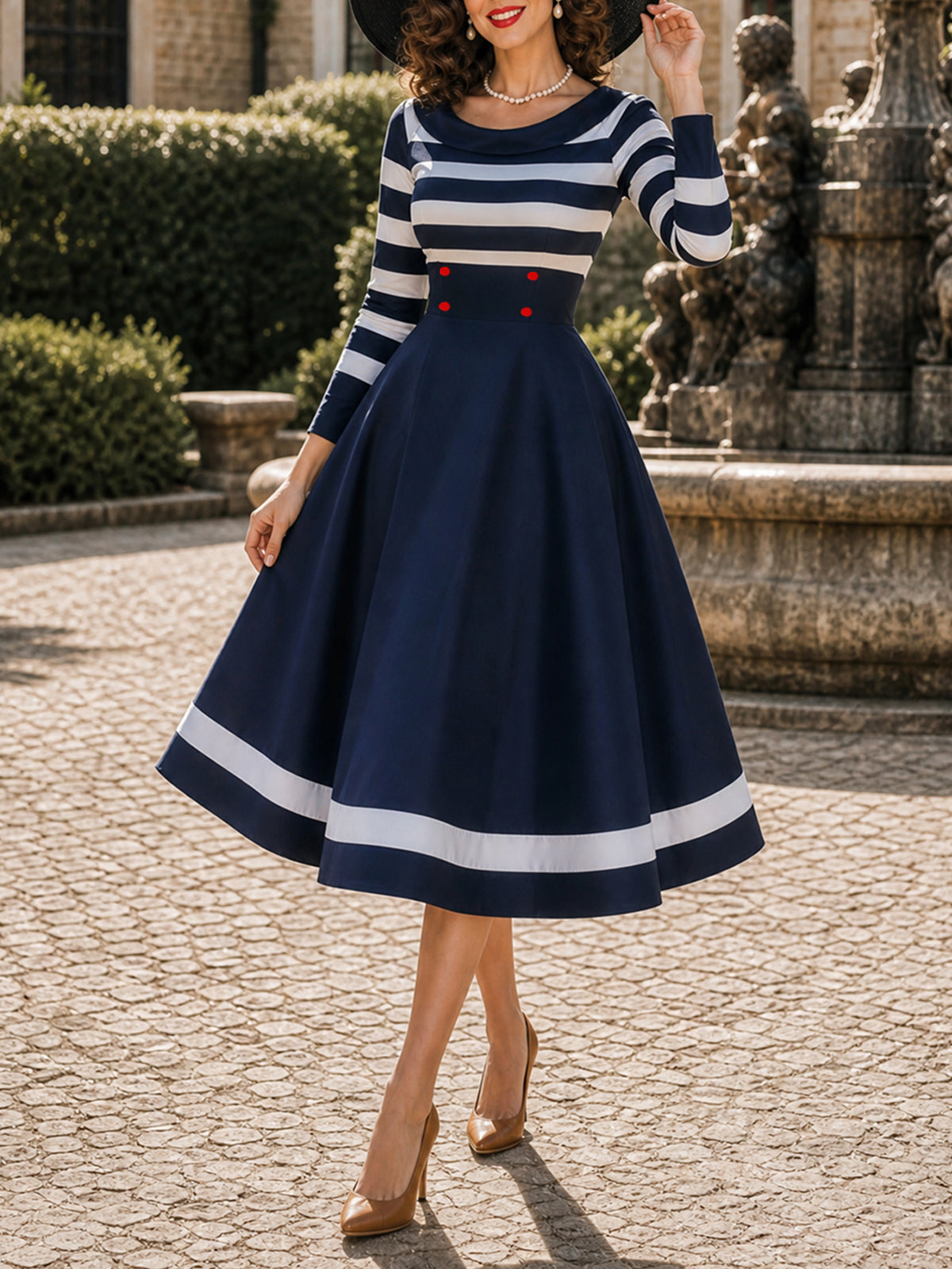 Vintage Navy Striped Boat-Neck A-Line Midi Dress