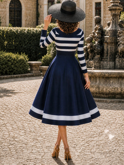 Vintage Navy Striped Boat-Neck A-Line Midi Dress