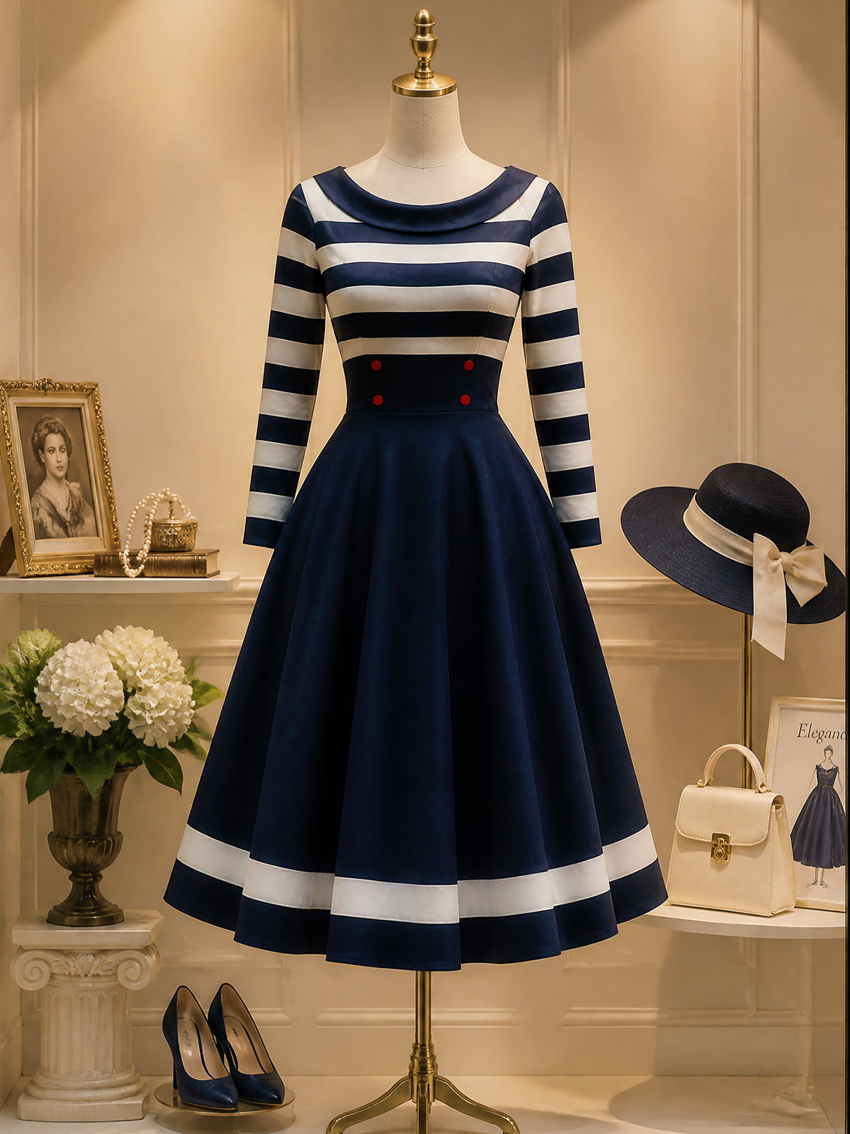 Vintage Navy Striped Boat-Neck A-Line Midi Dress