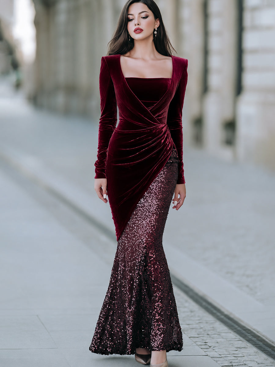 Velvet Wrap Sequin Mermaid Evening Gown
