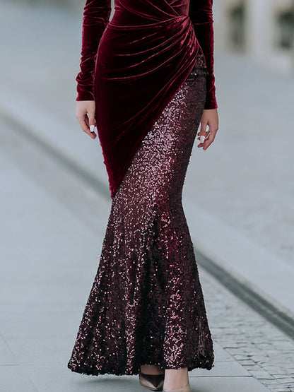 Velvet Wrap Sequin Mermaid Evening Gown