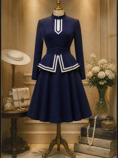 Vintage Navy White-Trim Peplum Long Sleeve A-Line Dress