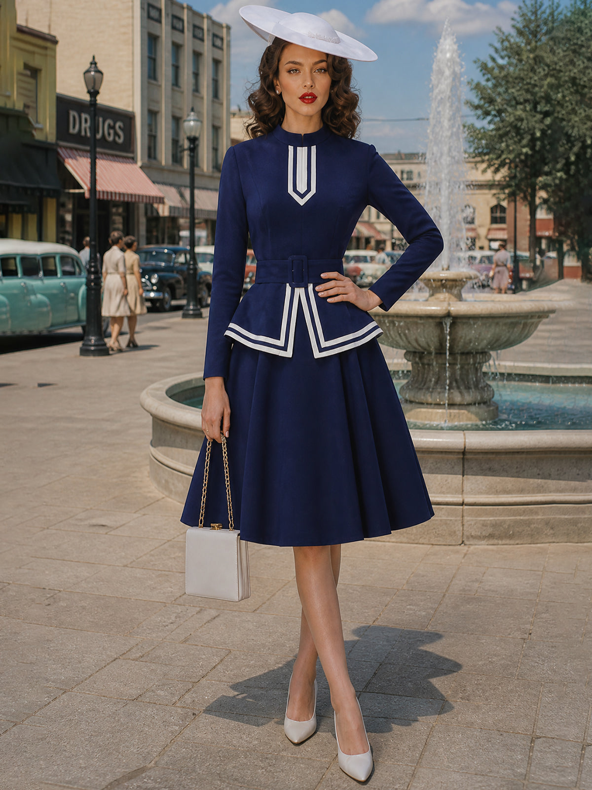 Vintage Navy White-Trim Peplum Long Sleeve A-Line Dress