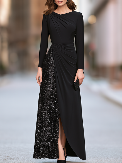Asymmetric Neckline Ruched Sequin Panel Wrap-Front Maxi Dress