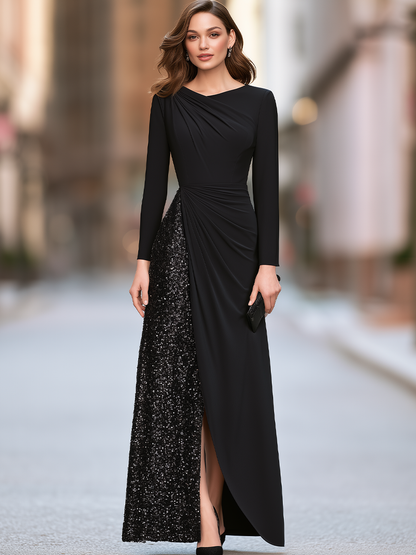 Asymmetric Neckline Ruched Sequin Panel Wrap-Front Maxi Dress