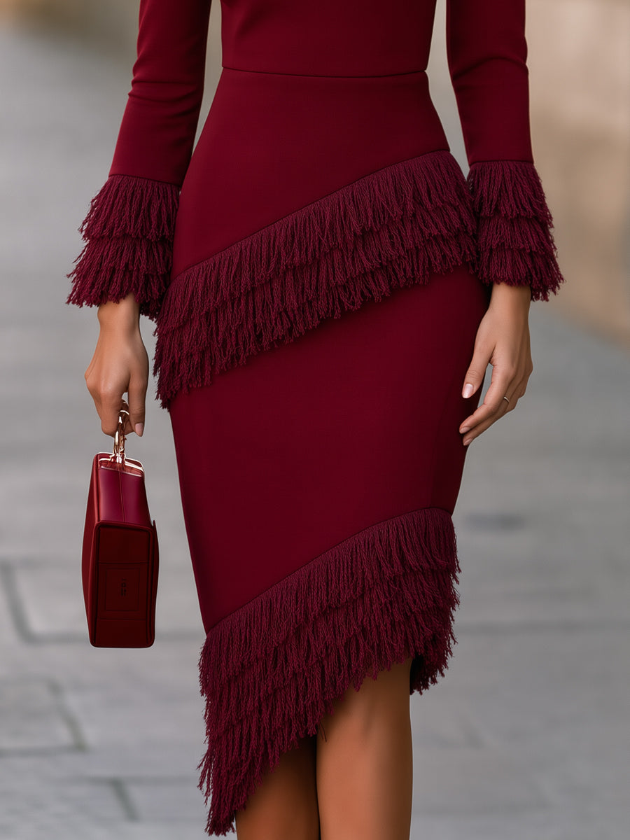 Women's Turtleneck Long Sleeve Fringe Tassel Bodycon Midi Dress