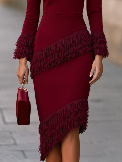 Women's Turtleneck Long Sleeve Fringe Tassel Bodycon Midi Dress