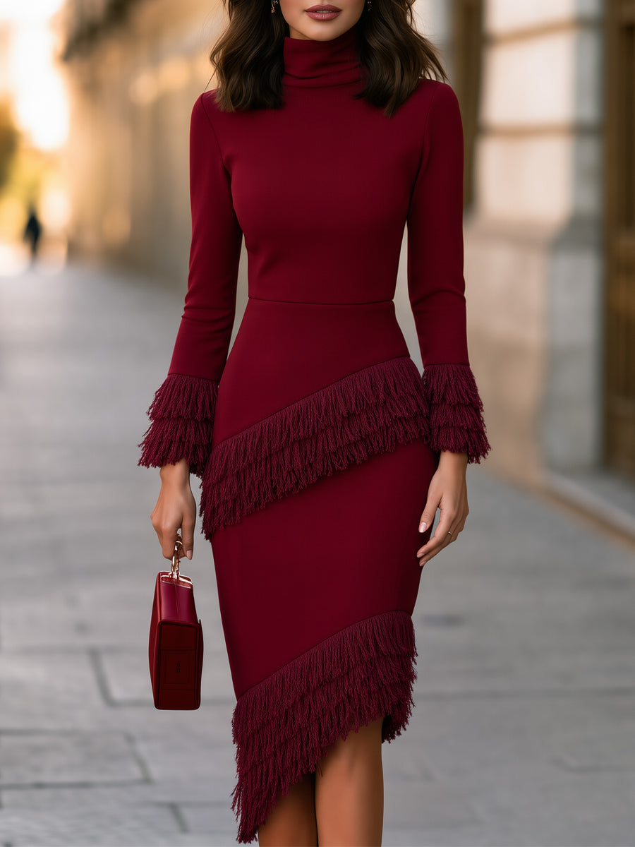 Women's Turtleneck Long Sleeve Fringe Tassel Bodycon Midi Dress