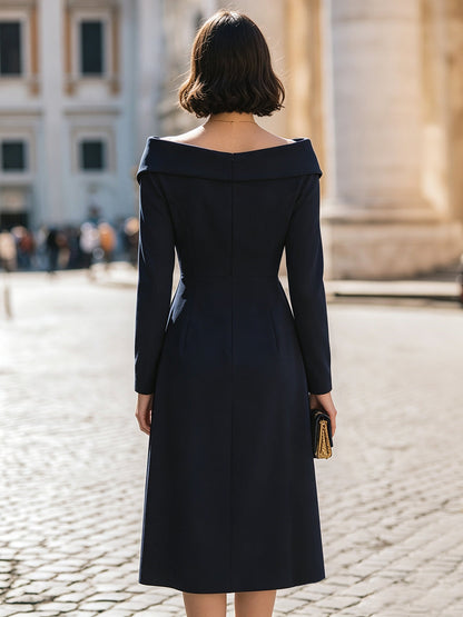 Elegant Boat-Neck Long-Sleeve Midnight Navy Midi Dress