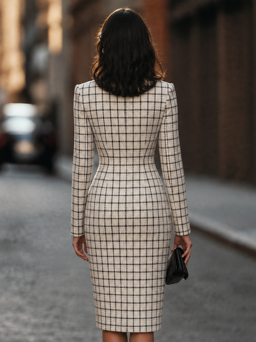 Round-Neck Asymmetric Button-Front Windowpane Check Tweed Sheath Midi Dress