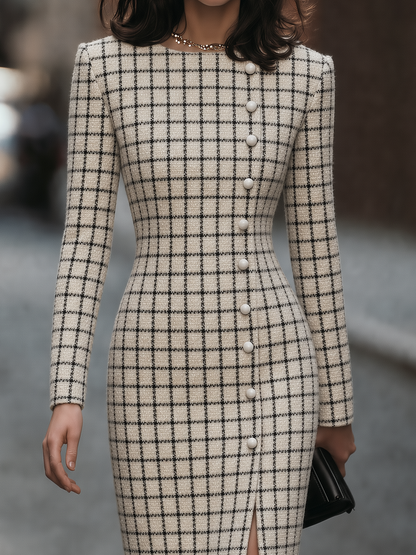 Round-Neck Asymmetric Button-Front Windowpane Check Tweed Sheath Midi Dress