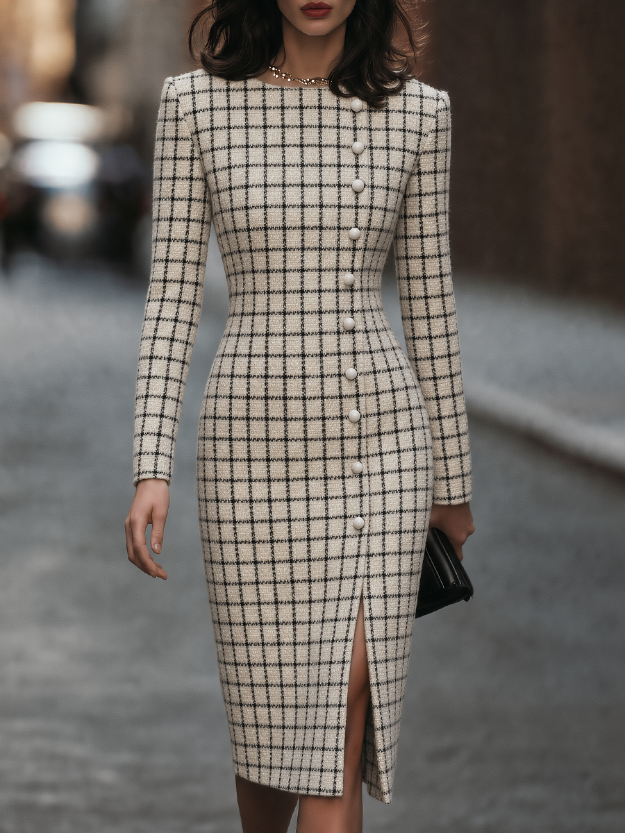 Round-Neck Asymmetric Button-Front Windowpane Check Tweed Sheath Midi Dress