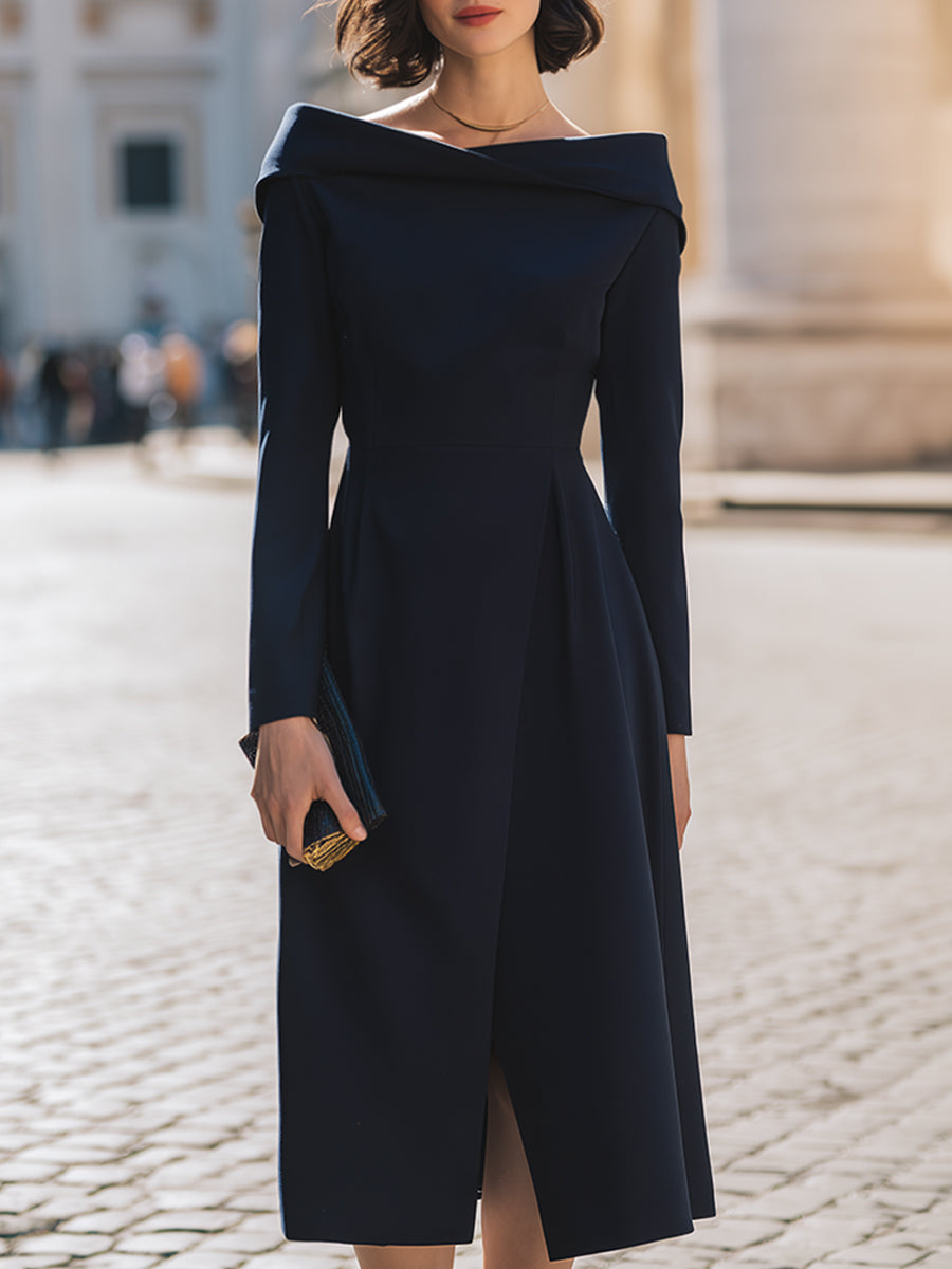 Elegant Boat-Neck Long-Sleeve Midnight Navy Midi Dress