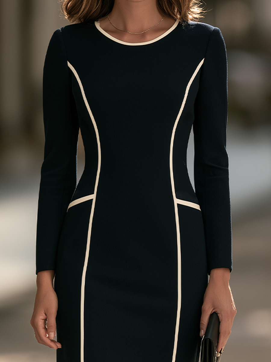 Round-Neck Contrast Piping Princess-Seam Sheath Midi Dress
