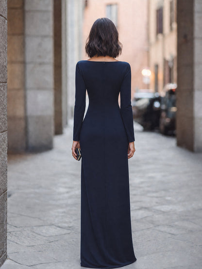 Boat-Neck Side-Gathered Midnight Navy Maxi Dress