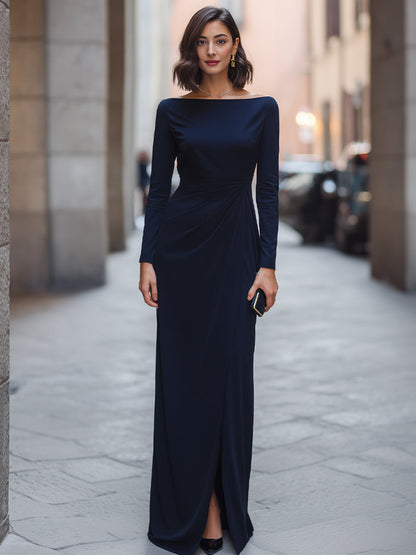 Boat-Neck Side-Gathered Midnight Navy Maxi Dress