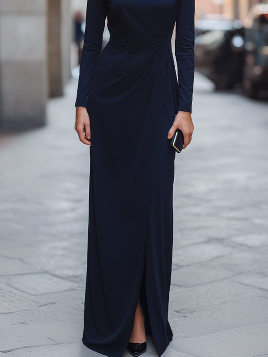 Boat-Neck Side-Gathered Midnight Navy Maxi Dress