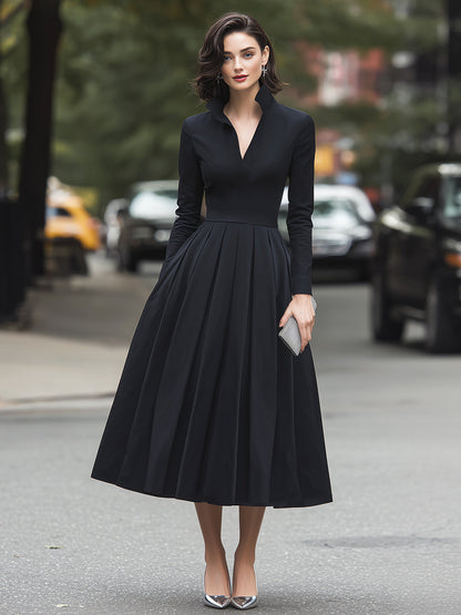High-Collar V-Neck Pleated Midi Shirt Dress