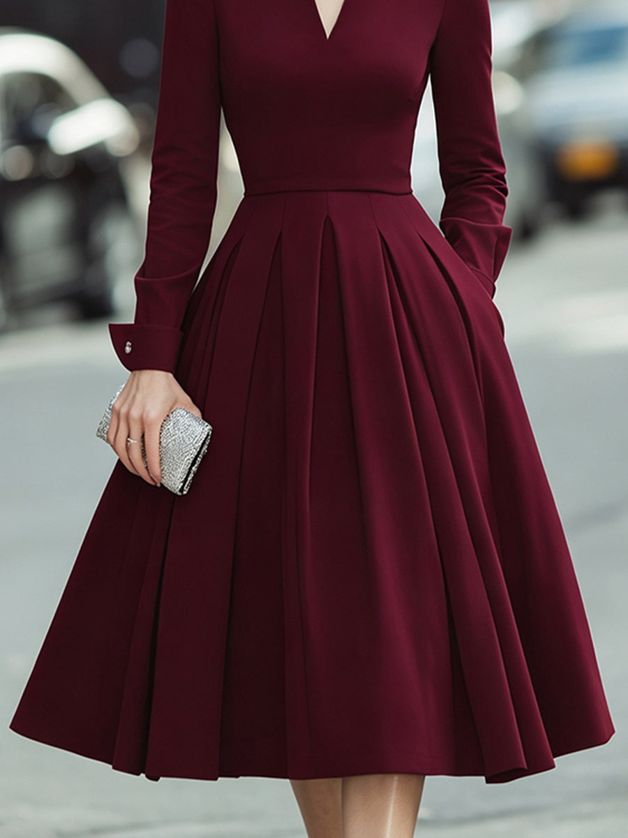 Open-Collar V-Neck Pleated Midi Dress
