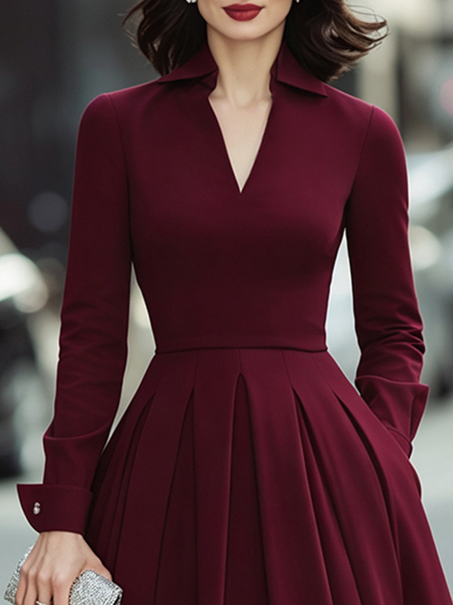 Open-Collar V-Neck Pleated Midi Dress
