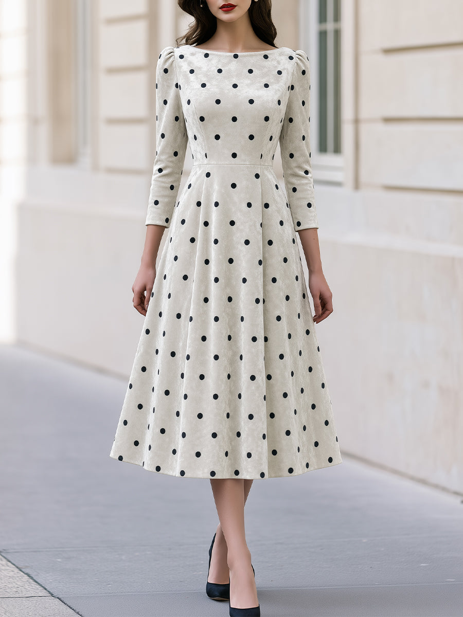 Polka Dot Velvet Fit‑and‑Flare Midi Dress