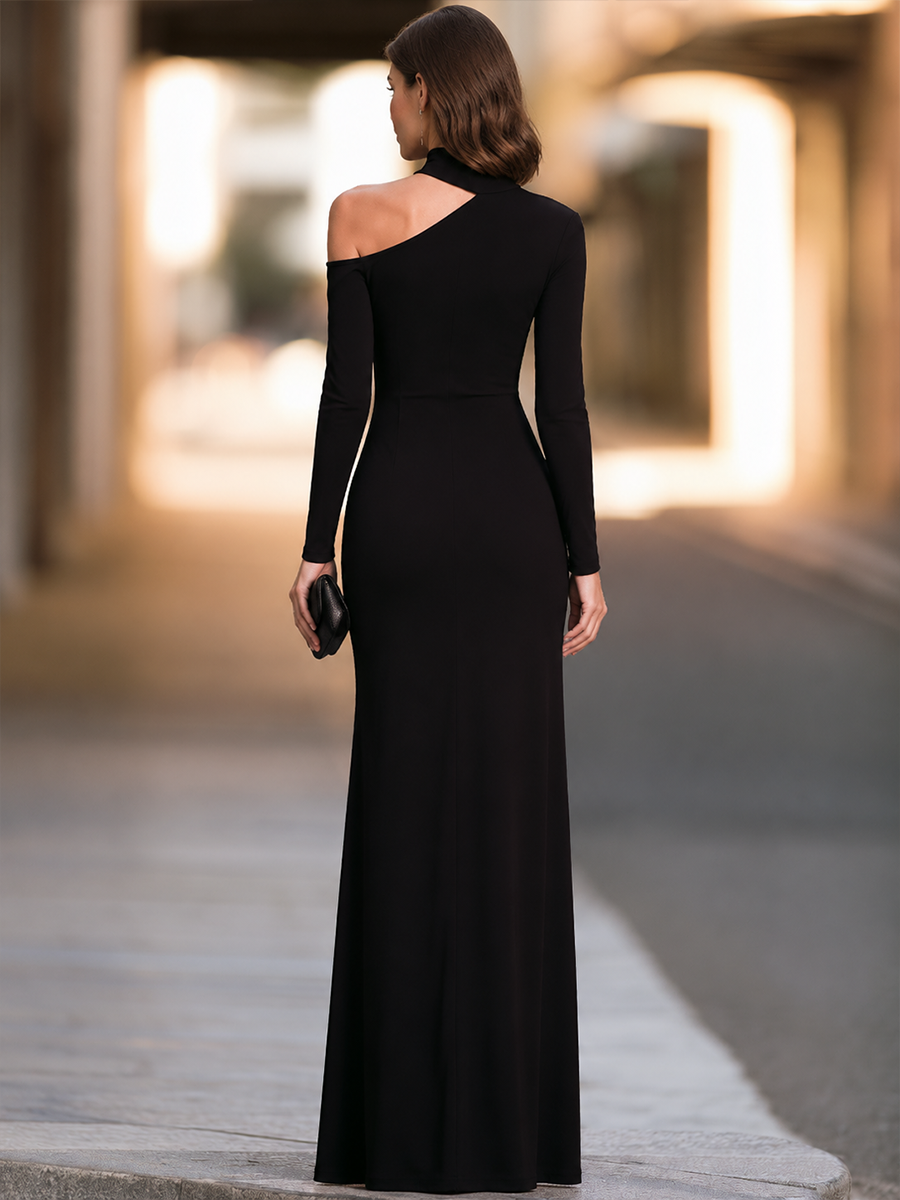 Mock-Neck Asymmetric Cold-Shoulder Cutout High-Slit Column Maxi Dress