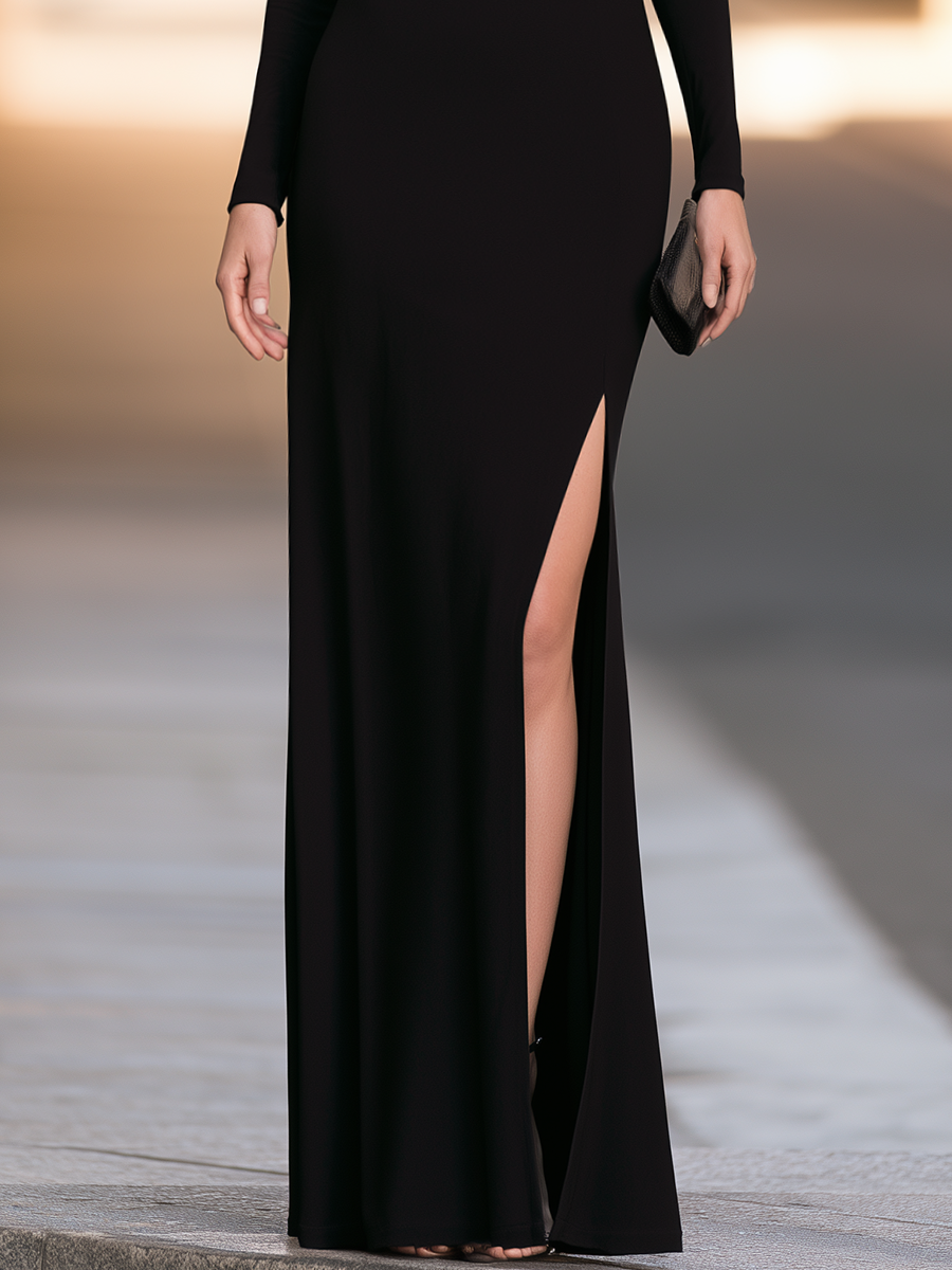 Mock-Neck Asymmetric Cold-Shoulder Cutout High-Slit Column Maxi Dress