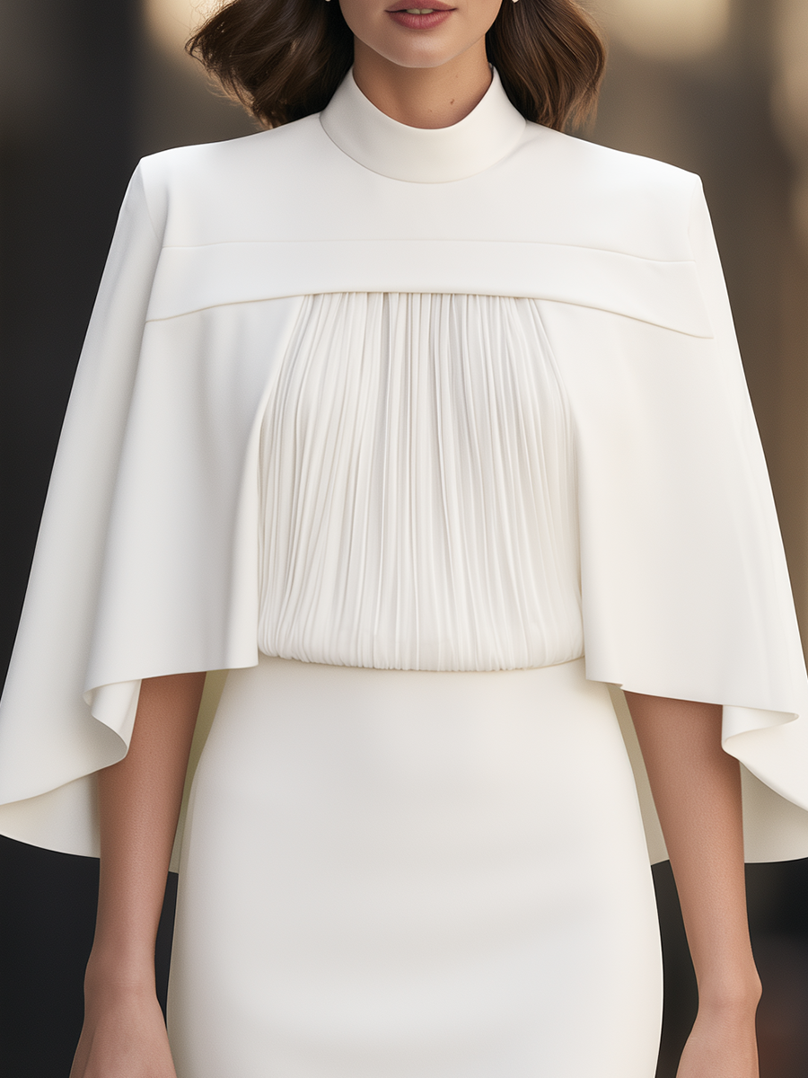 Mock-Neck Pleated Bodice Cape Sleeve Sheath Midi Dress