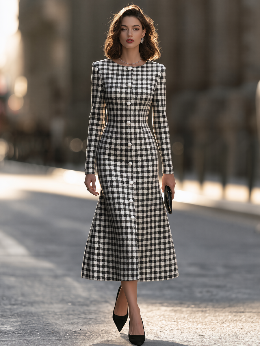 Round-Neck Pearl-Button Front Gingham Check A-Line Maxi Dress