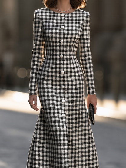 Round-Neck Pearl-Button Front Gingham Check A-Line Maxi Dress