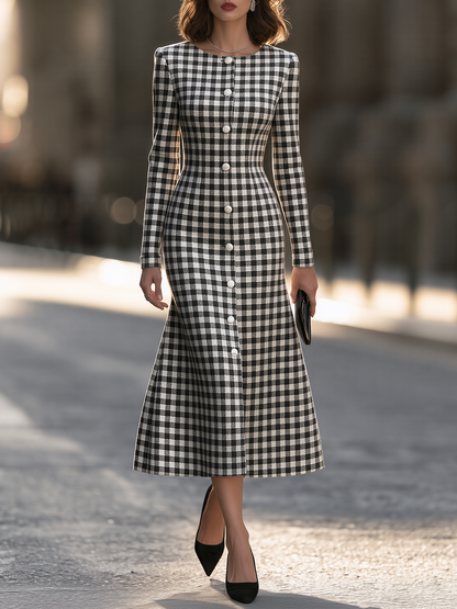 Round-Neck Pearl-Button Front Gingham Check A-Line Maxi Dress