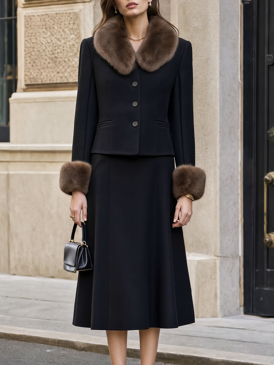 Faux Fur Trimmed Collar Jacket & Flared Midi Skirt Set