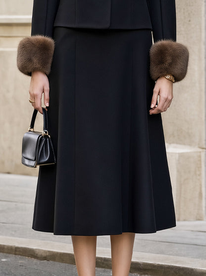 Faux Fur Trimmed Collar Jacket & Flared Midi Skirt Set