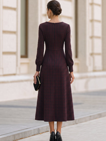 Plaid Cowl Collar Fit‑and‑Flare Midi Dress