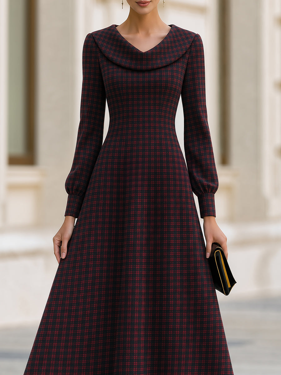Plaid Cowl Collar Fit‑and‑Flare Midi Dress