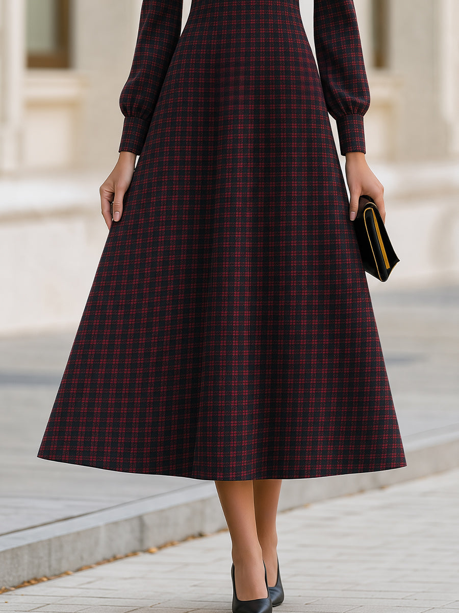 Plaid Cowl Collar Fit‑and‑Flare Midi Dress